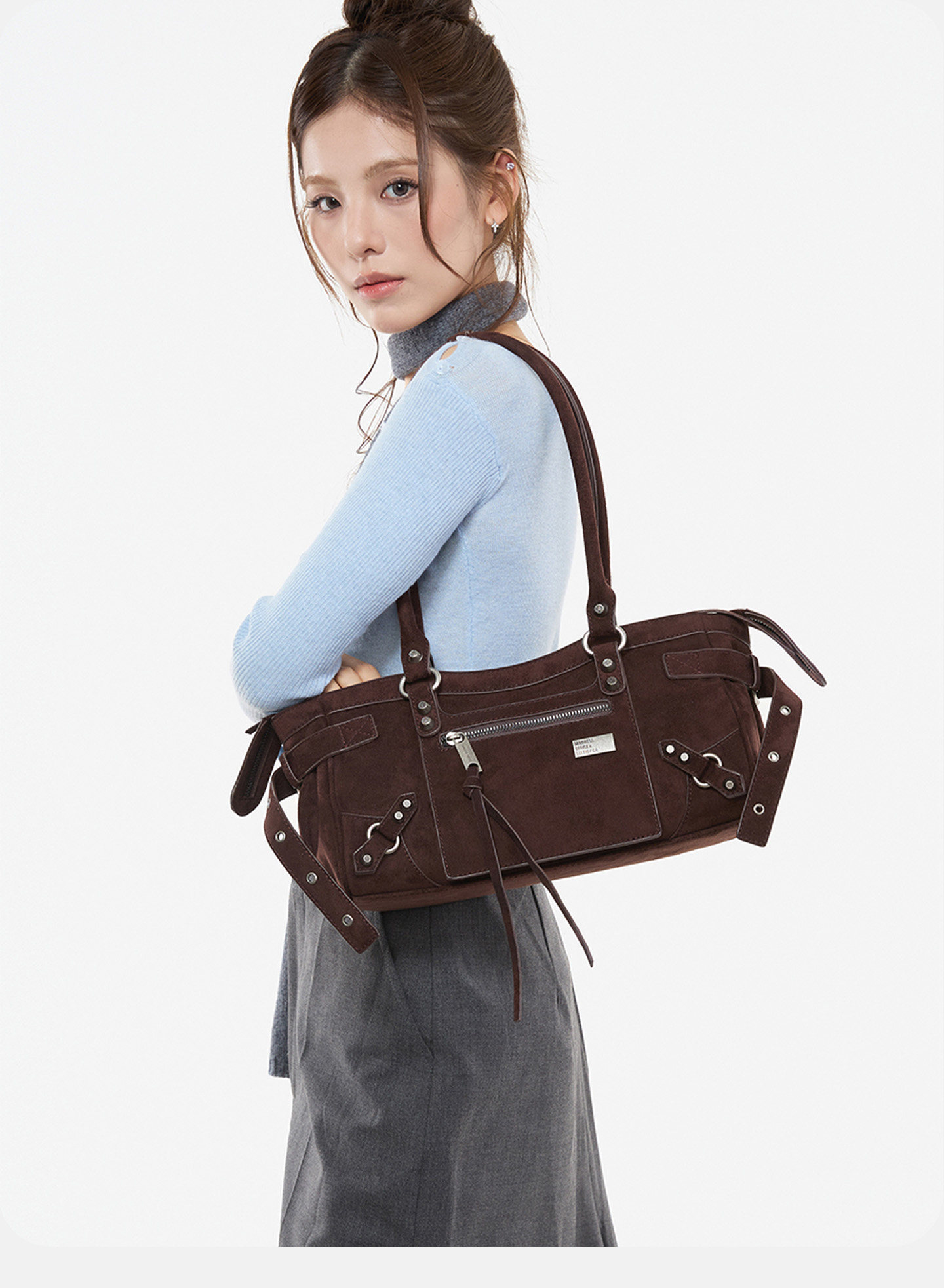 JANDRESS Suede Brown Studded Moto Underarm Bag