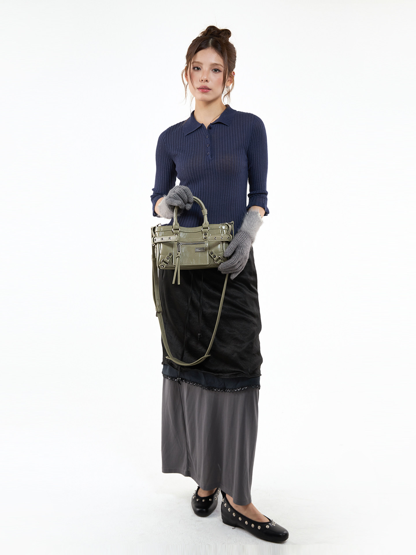 JANDRESS Sage Green Faux Leather Studded Mini Crossbody Bag - Zip-Top