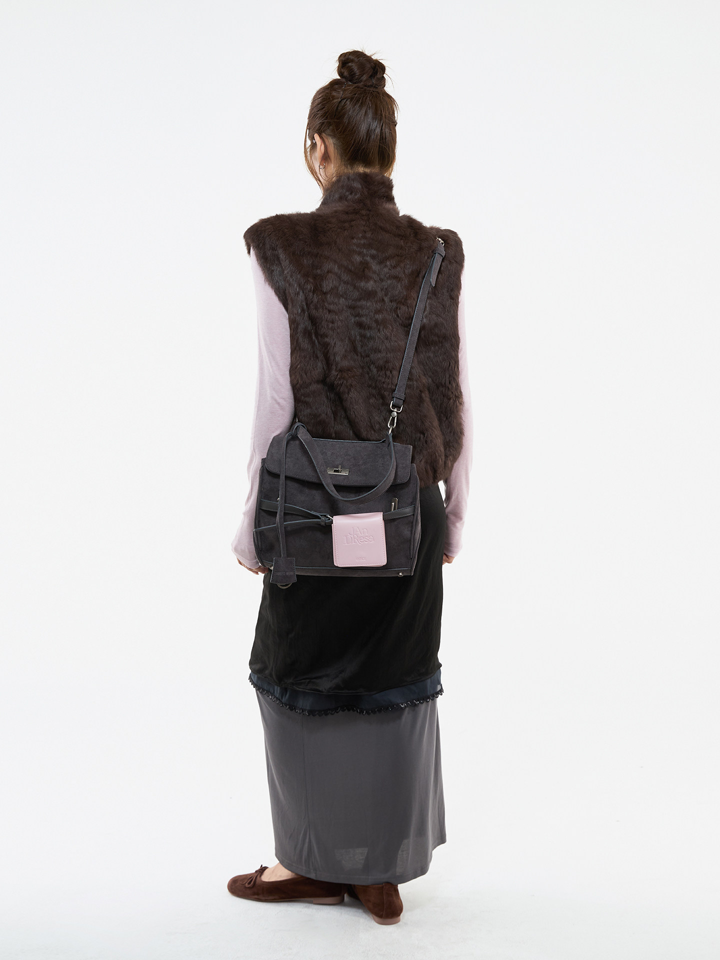 JANDRESS Blue-Grey Suede Clasp Backpack