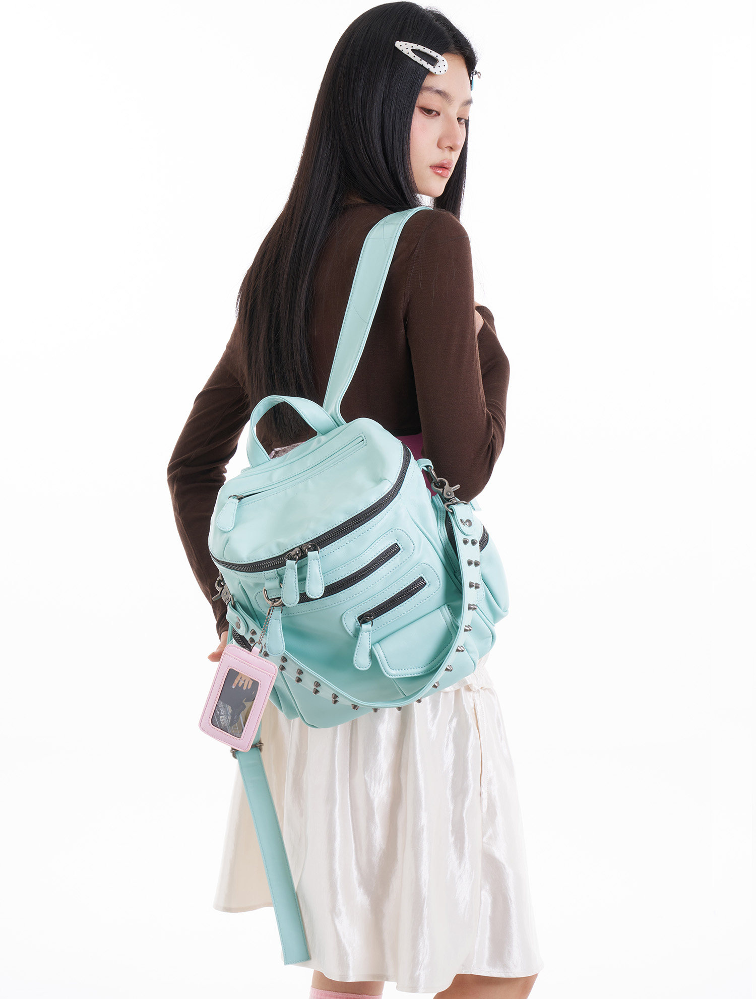JANDRESS Mint Green Faux Leather Zip Backpack