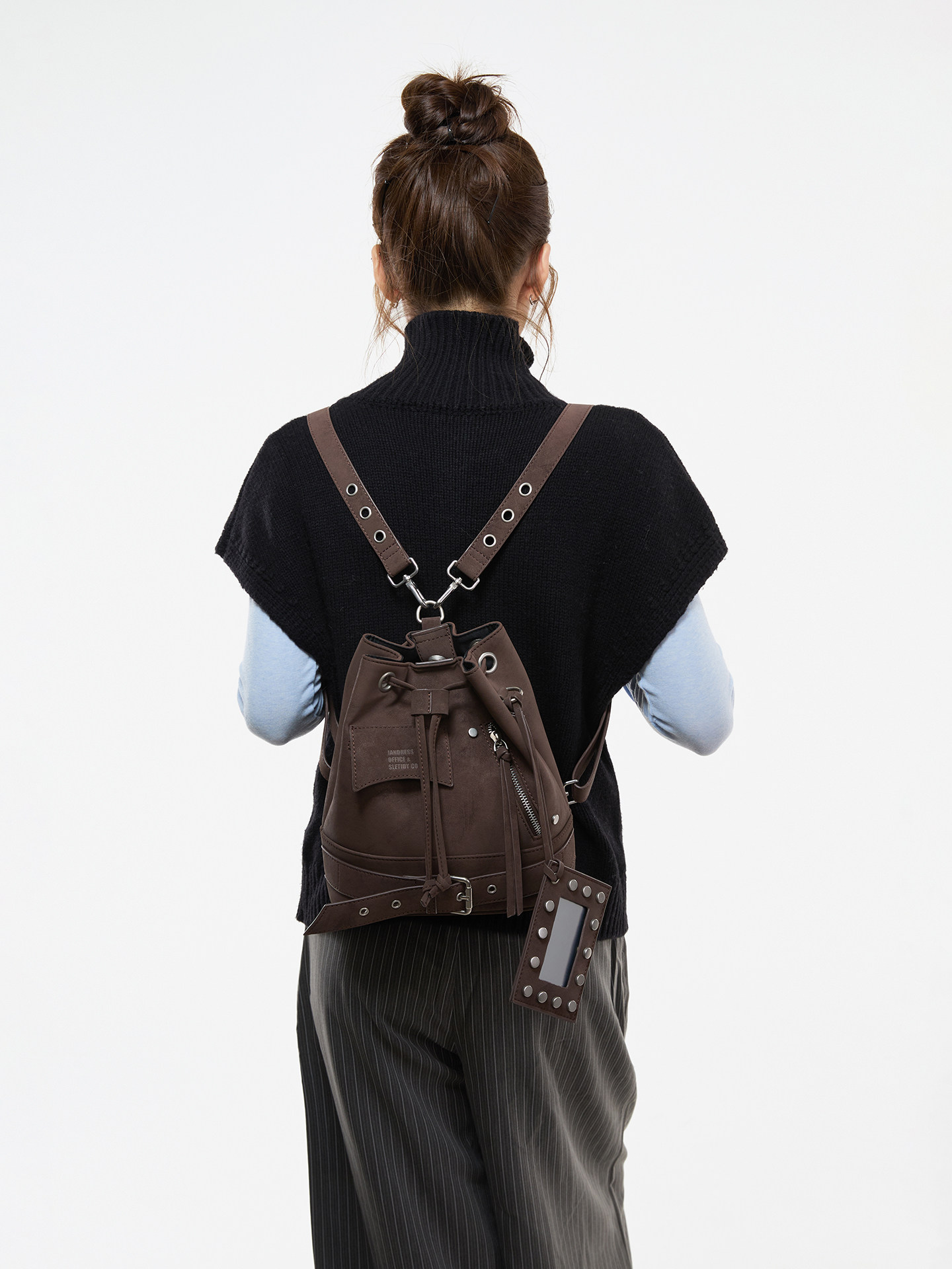 JANDRESS Brown PU Drawstring Bucket Bag