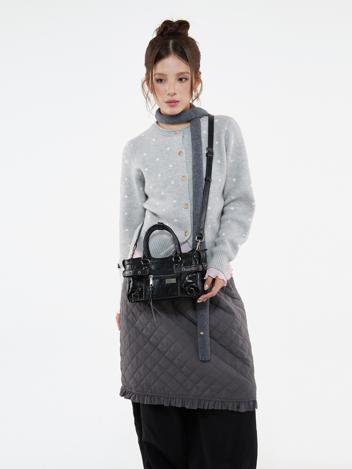 JANDRESS Black PU Leather Zip-Top Studded Mini Crossbody Bag