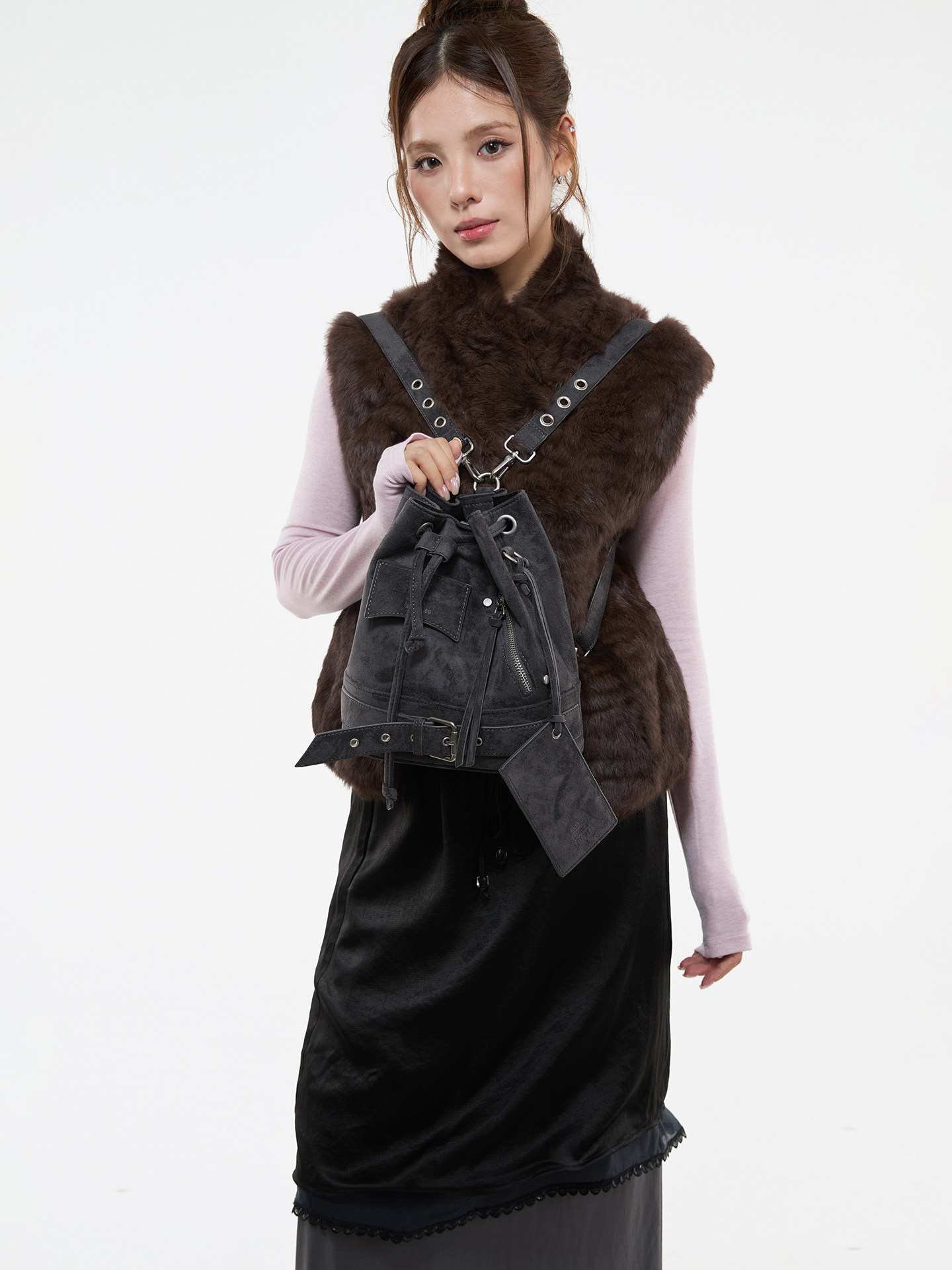 JANDRESS Blue-Grey PU Leather Drawstring Bucket Bag