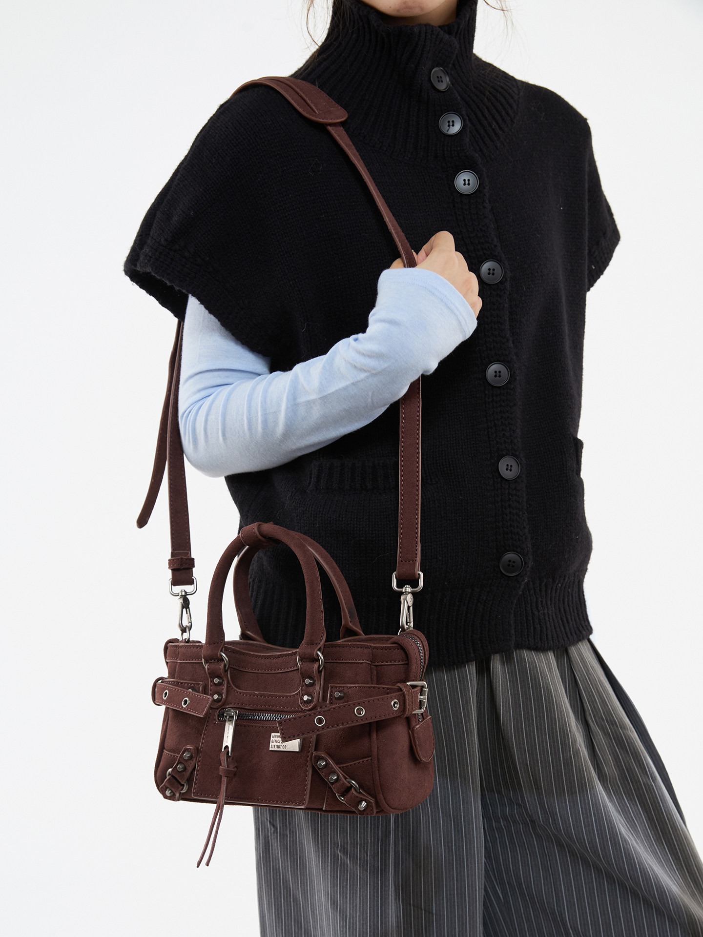 JANDRESS Brown PU Leather Studded Crossbody Bag