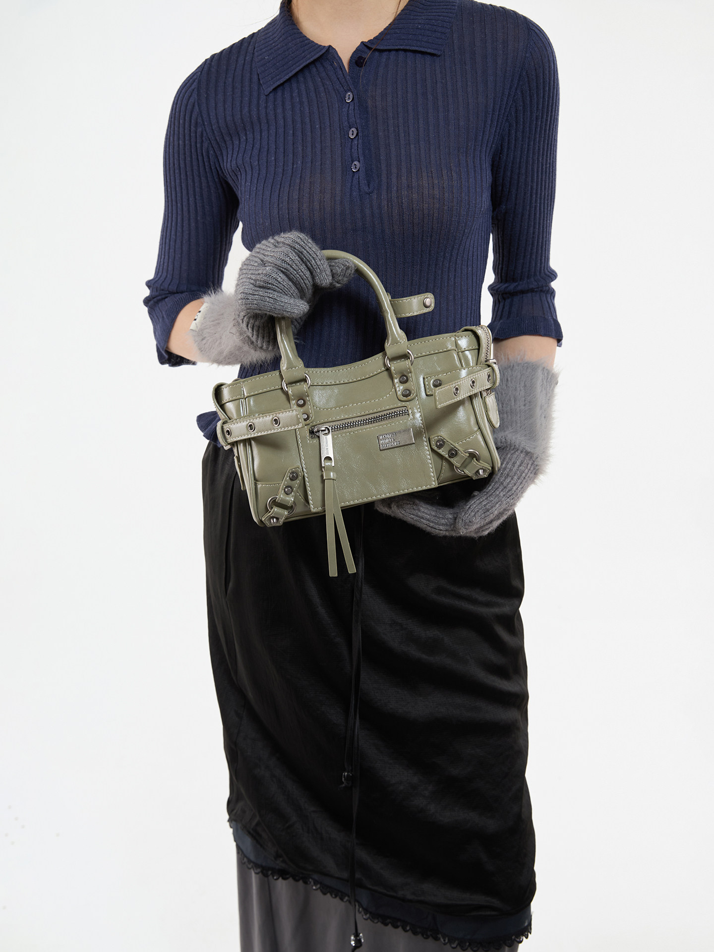 JANDRESS Sage Green Faux Leather Studded Mini Crossbody Bag - Zip-Top