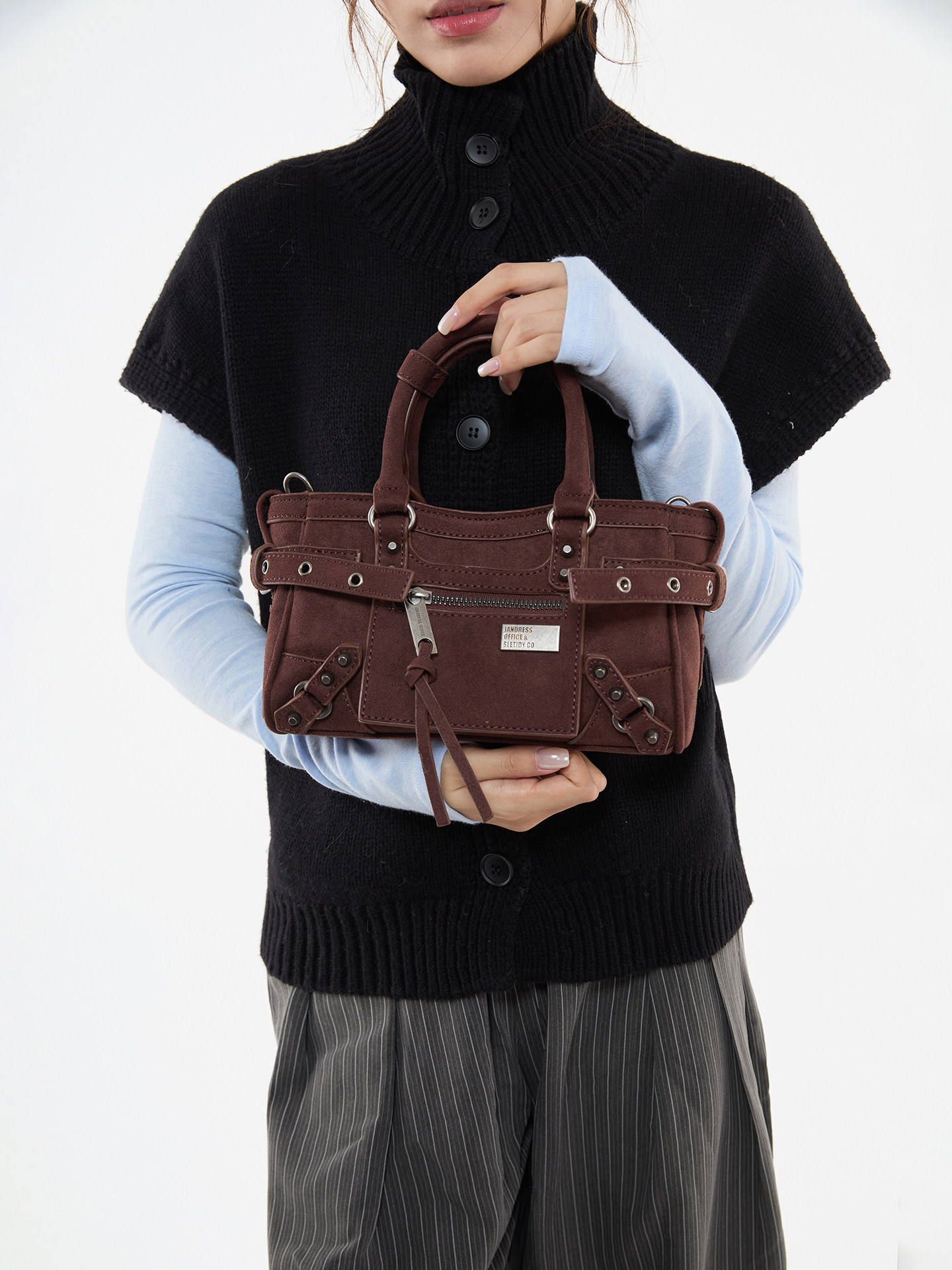 JANDRESS Brown PU Leather Studded Crossbody Bag