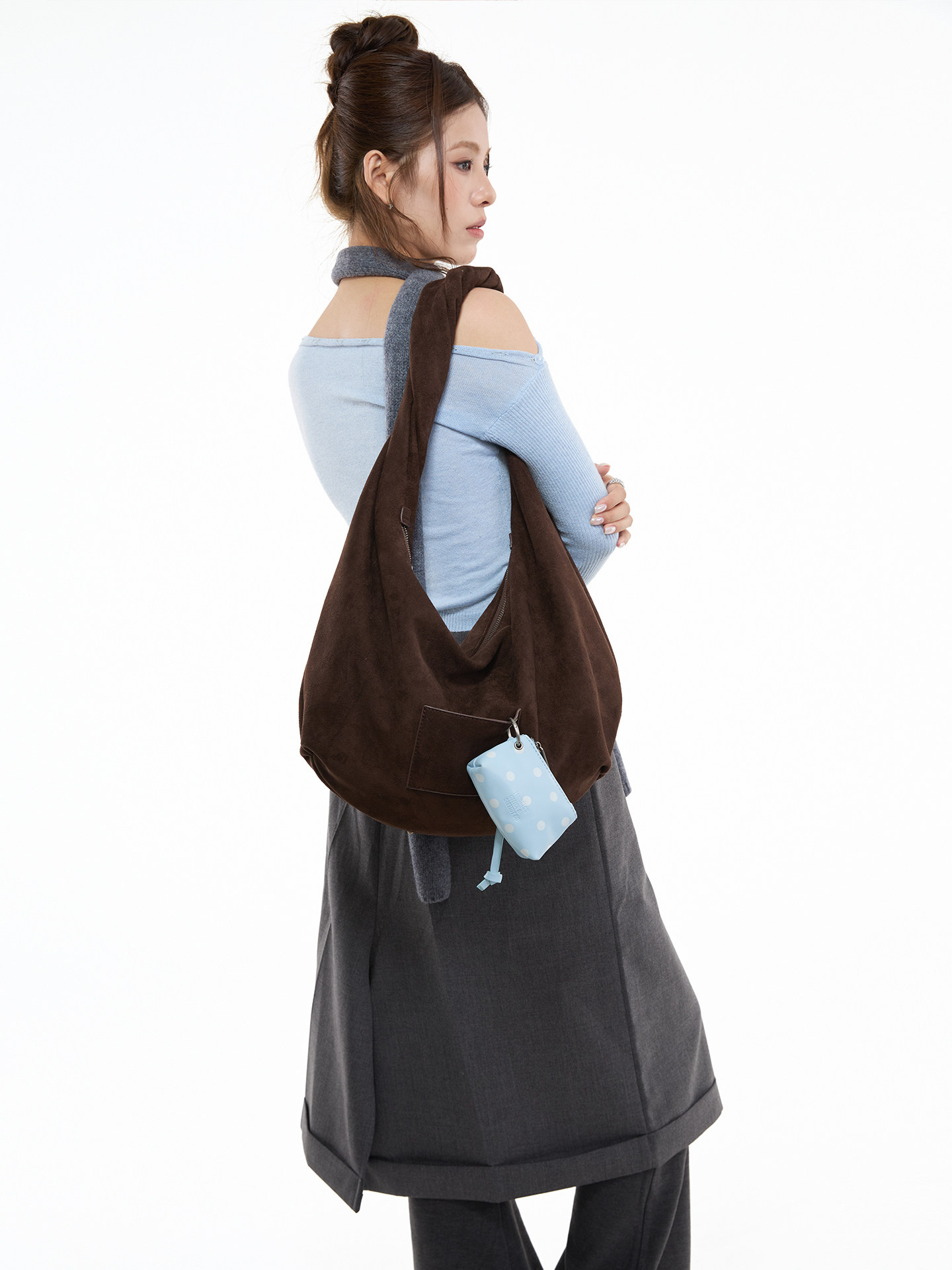 JANDRESS Suede Brown Twisted Pocket Underarm Bag