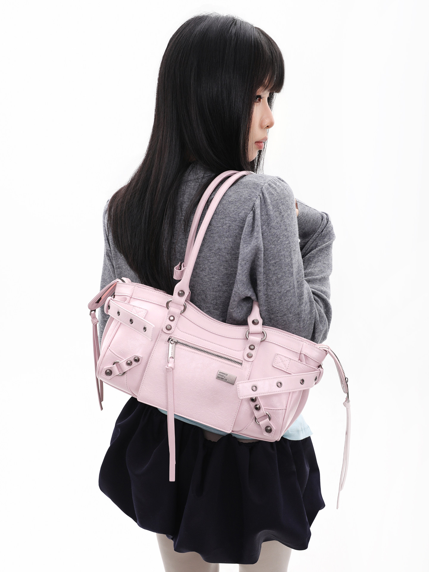 JANDRESS Pink Studded Biker Shoulder Bag