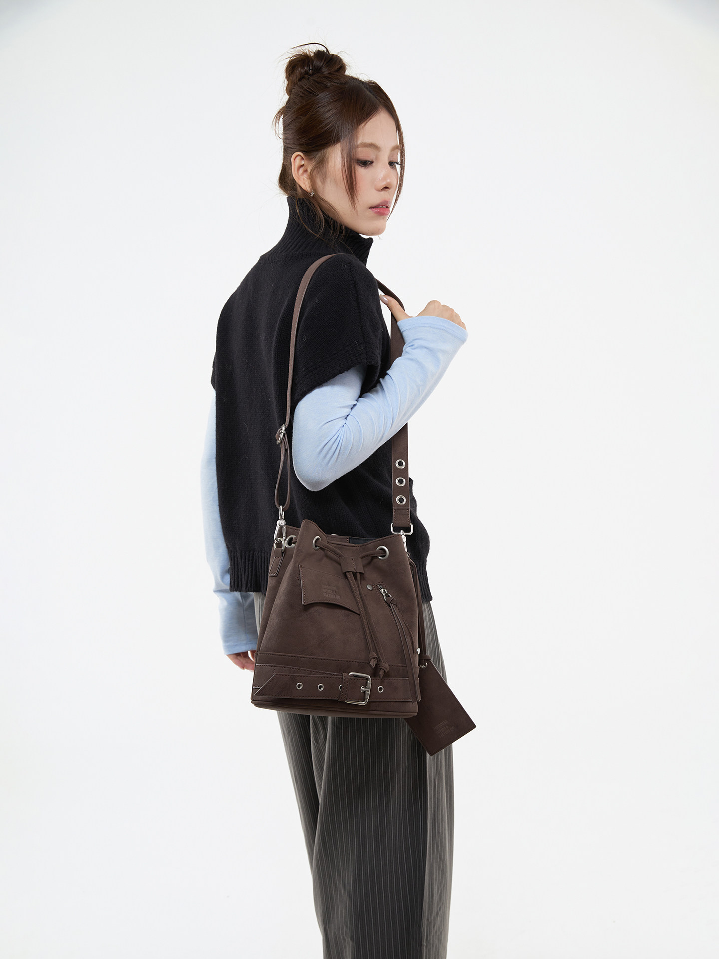 JANDRESS Brown PU Drawstring Bucket Bag