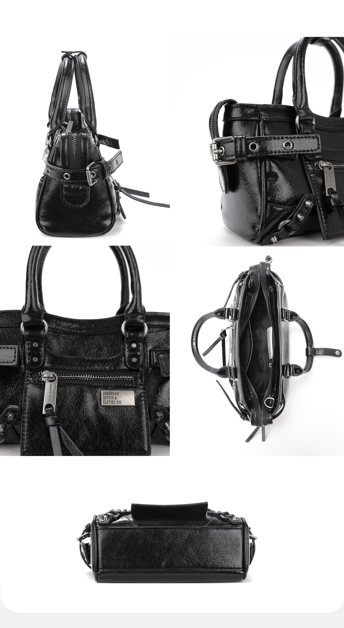 JANDRESS Black PU Leather Zip-Top Studded Mini Crossbody Bag