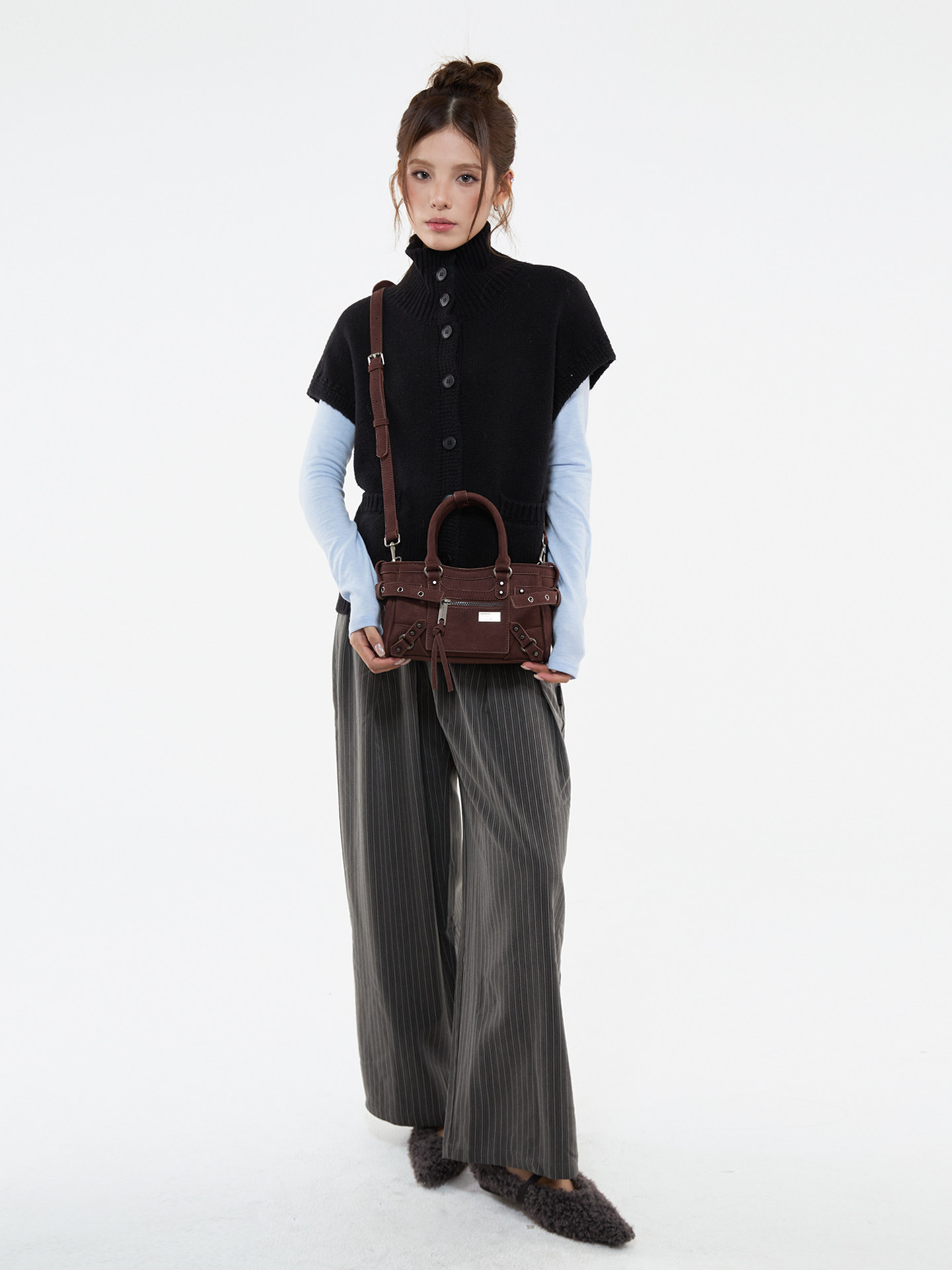 JANDRESS Brown PU Leather Studded Crossbody Bag