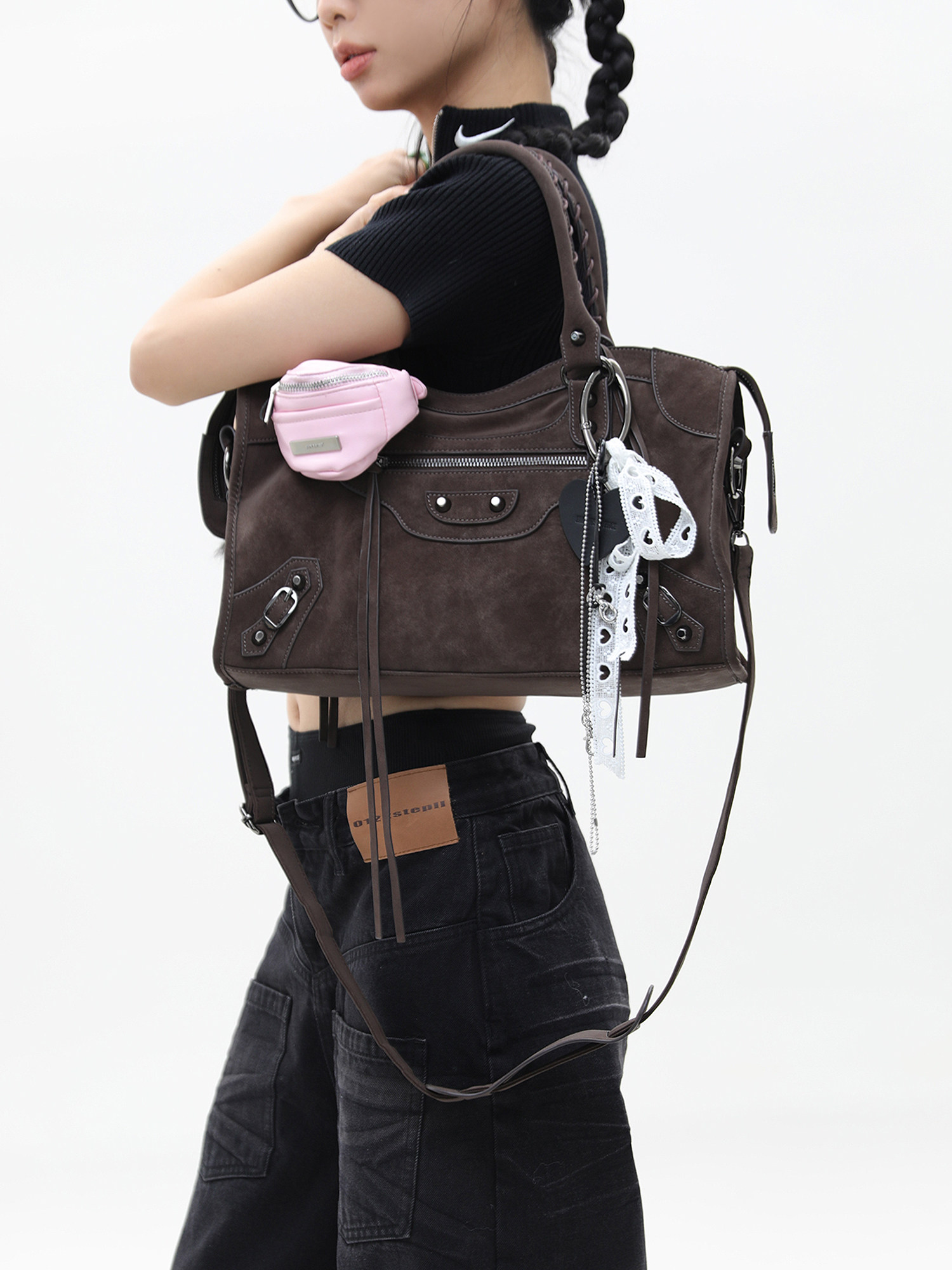 JANDRESS Suede Brown Studded Motorcycle Shoulder Bag
