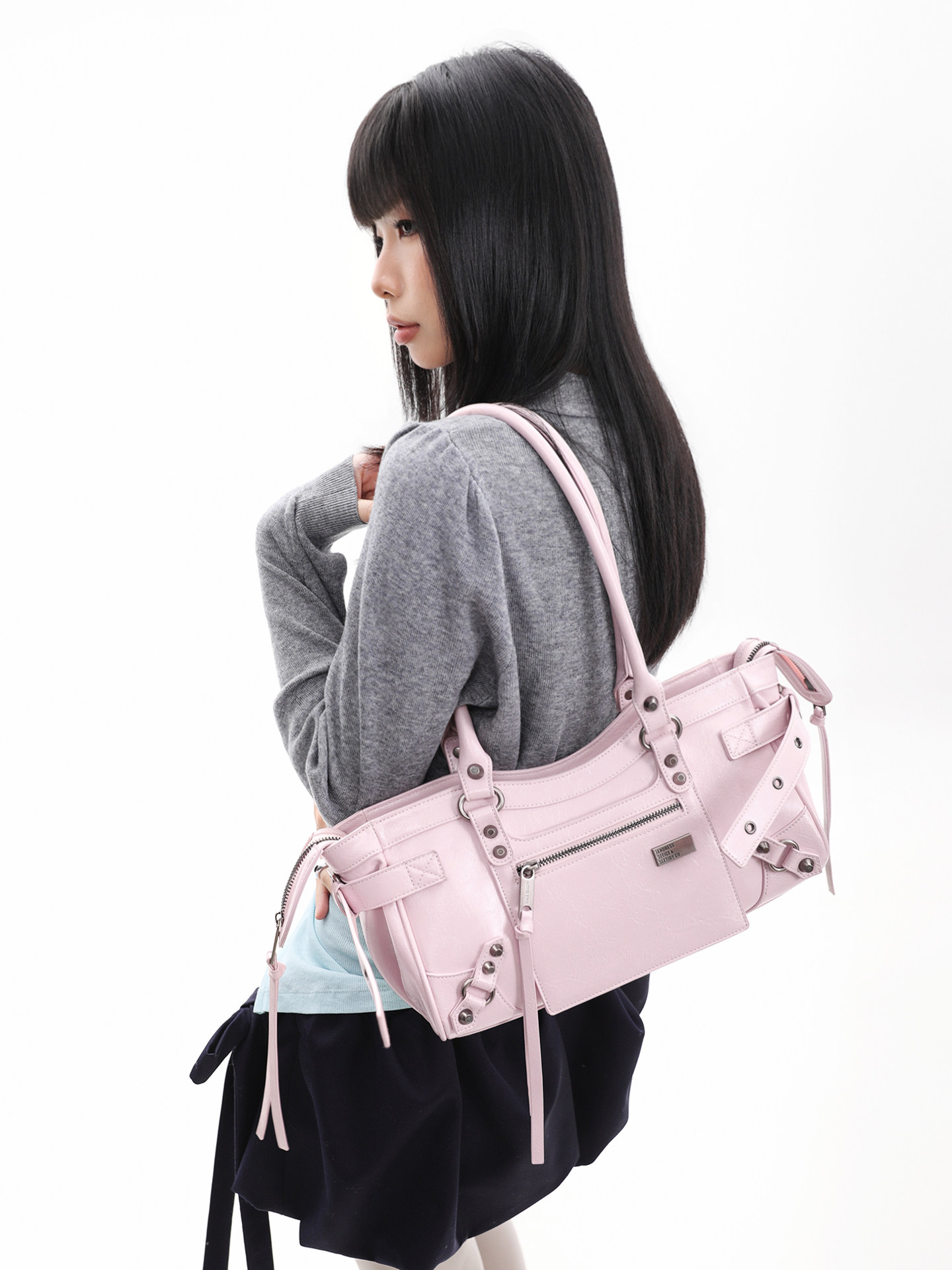 JANDRESS Pink Studded Biker Shoulder Bag