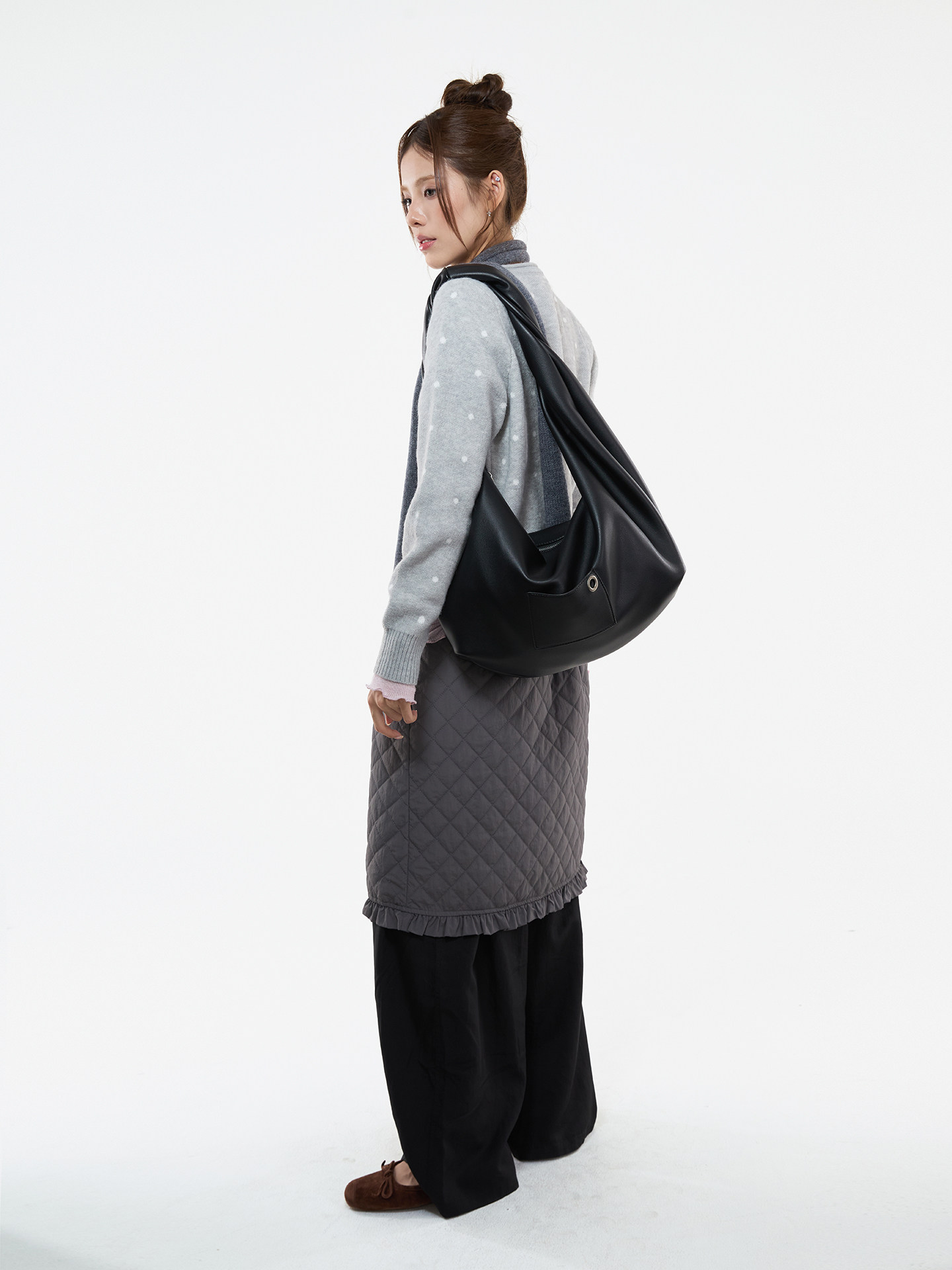 JANDRESS Black Faux Leather Zip-Top Underarm Bag