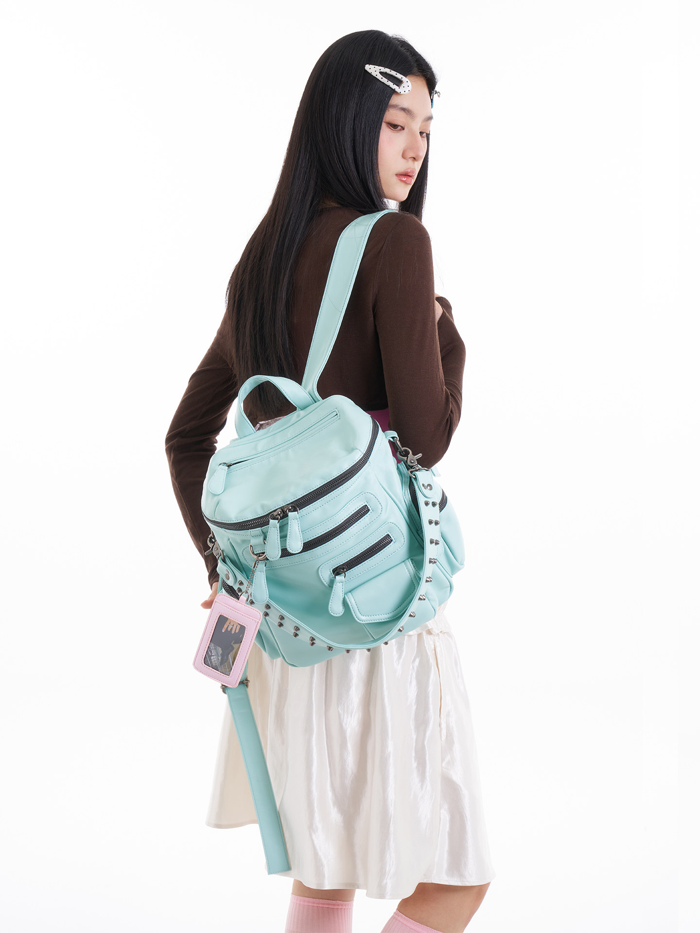 JANDRESS Mint Green Faux Leather Zip Backpack