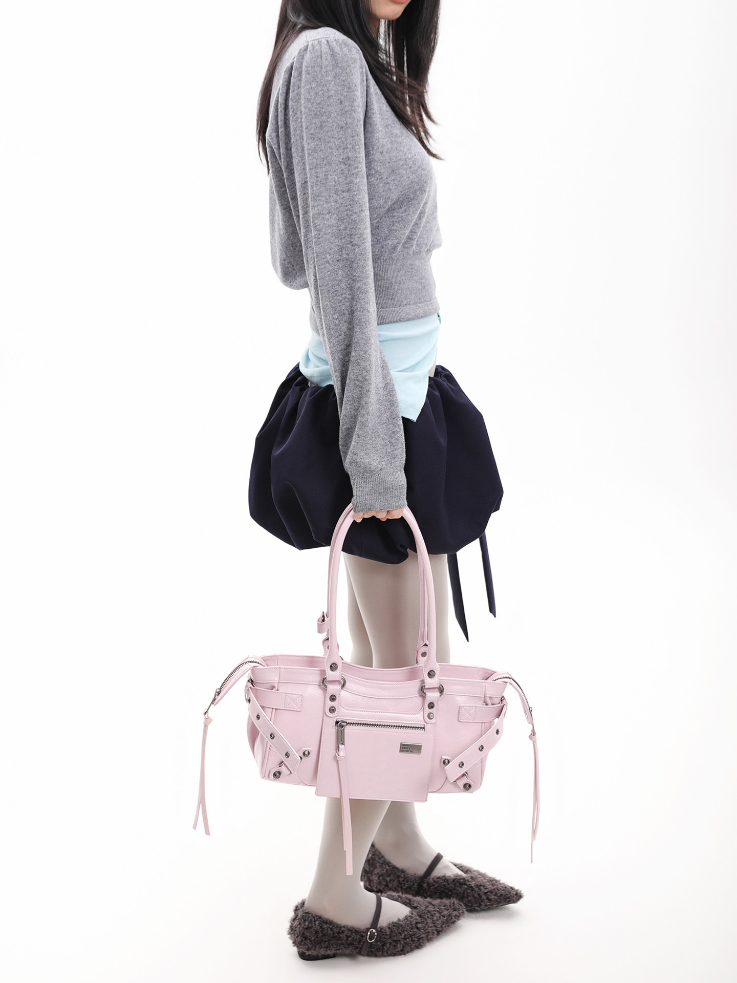 JANDRESS Pink Studded Biker Shoulder Bag