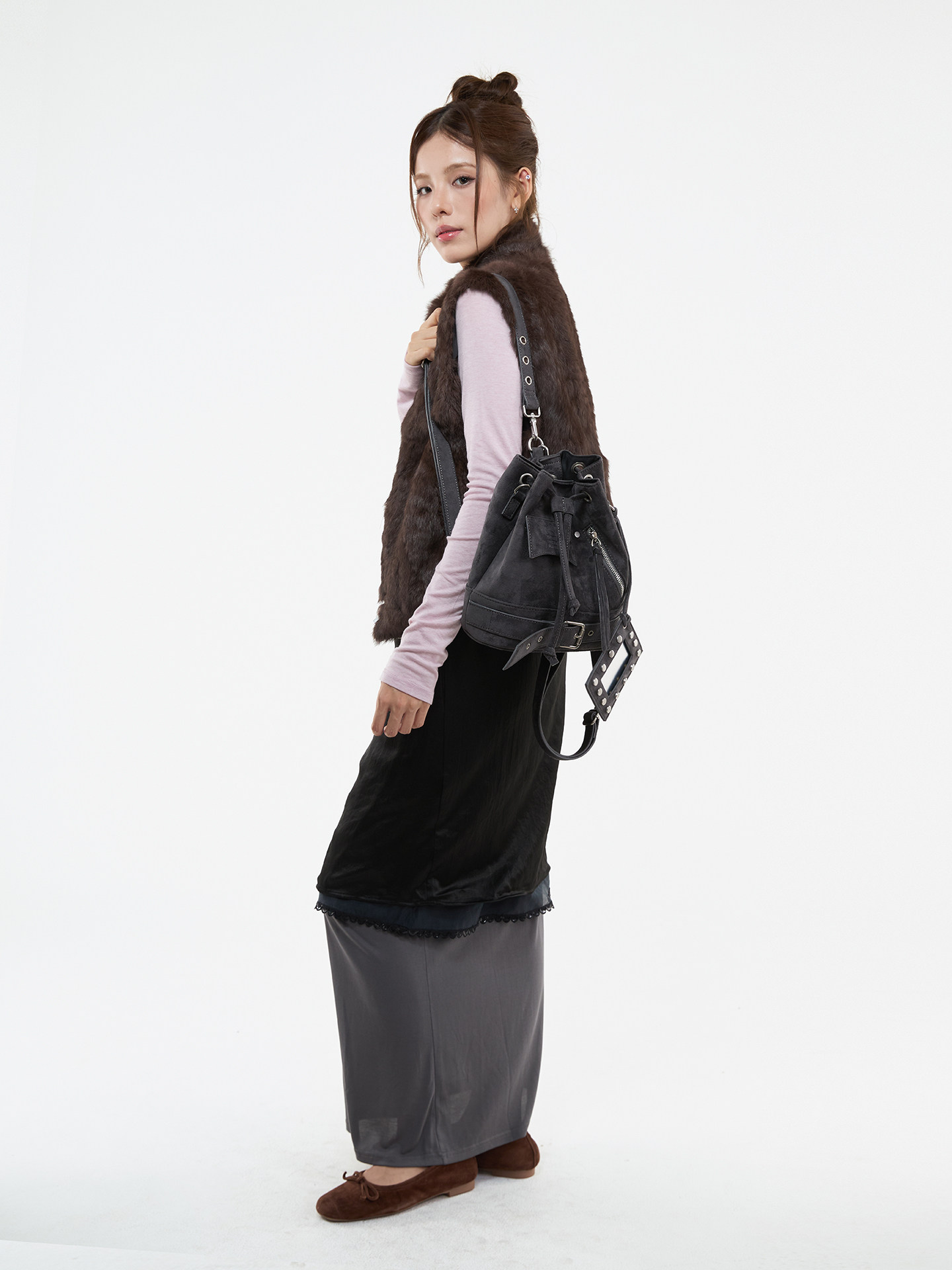 JANDRESS Blue-Grey PU Leather Drawstring Bucket Bag