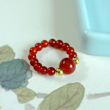 Zhenqiaoge red agate 18k gold bead ring