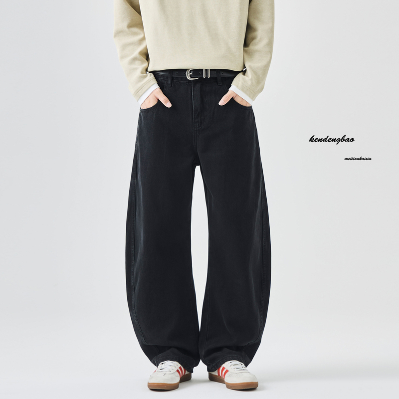 2025 Autumn/Winter New American Style Willow Leaf Scimitar Jeans for Men, Loose Black Draped Wide-Leg Winter Style, Cool and Trendy