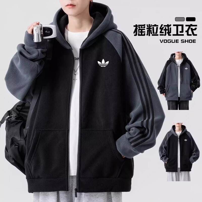 Outlet Fleece Jacket for Men, Autumn and Winter Striped Sports Style Jacket, Trendy Brand, Large Size Fleece Cardigan Sweatshirt