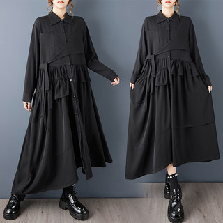 实拍春装新款暗黑风褶皱拼接不规则衬衫裙时尚宽松显瘦连衣长裙