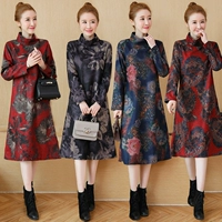 Real shot 2018 mới thu đông thoải mái len cổ điển dài tay in họa tiết áo dài nữ đầm nhung đẹp