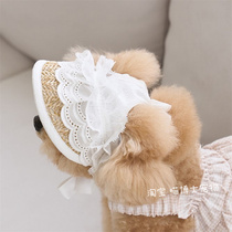 Pet French Straw Hat Small Dog Teddy Bichon Open Ear Lace Sun Hat Adjustable Cat and Dog Eye Protection Hat