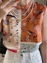 European station 2021 summer new European womens temperament round neck loose thin sweet printed silk shirt women