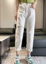 Europe station 2021 summer new European womens fashion letter hole jeans high waist nine-point Harlan pants women