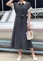 Europe station 2021 summer new European goods lapel belt loose heavy weight silk short-sleeved polka dot dress female