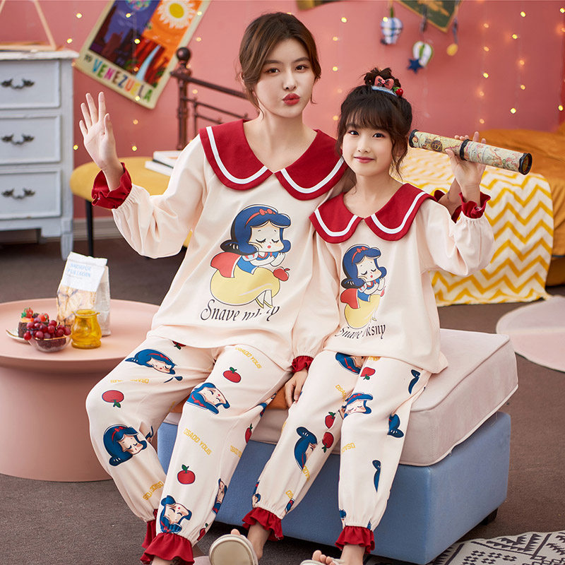 2022 new parent-child pajamas mother women's spring and autumn thin section cotton long sleeve girls big kids suit cartoon