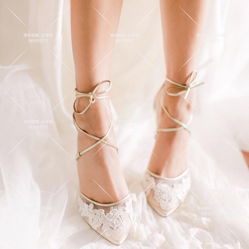 Bella Belle handmade cowhide silk veil mesh embroidered flower pointed toe high-heeled wedding shoes party shoes
