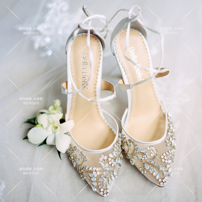 BELLA BELLE hand silk mesh watery pearl high and tip tie cross - tie wedding shoes banquet single shoes