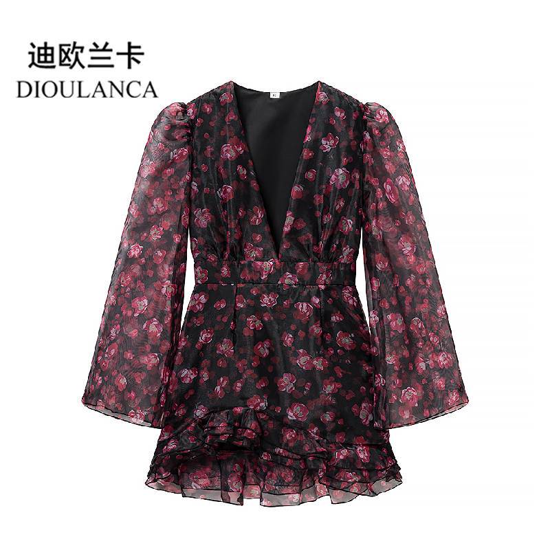 Dioulanca European and American Style Export Women's New V-Neck Floral Long-Sleeved Waist-Cinching Ruffled Slimming Dress Dioulanca European and American Style Export Women's New V-Neck Floral Long-Sleeved Waist-Cinching Ruffled Slimming Dress
