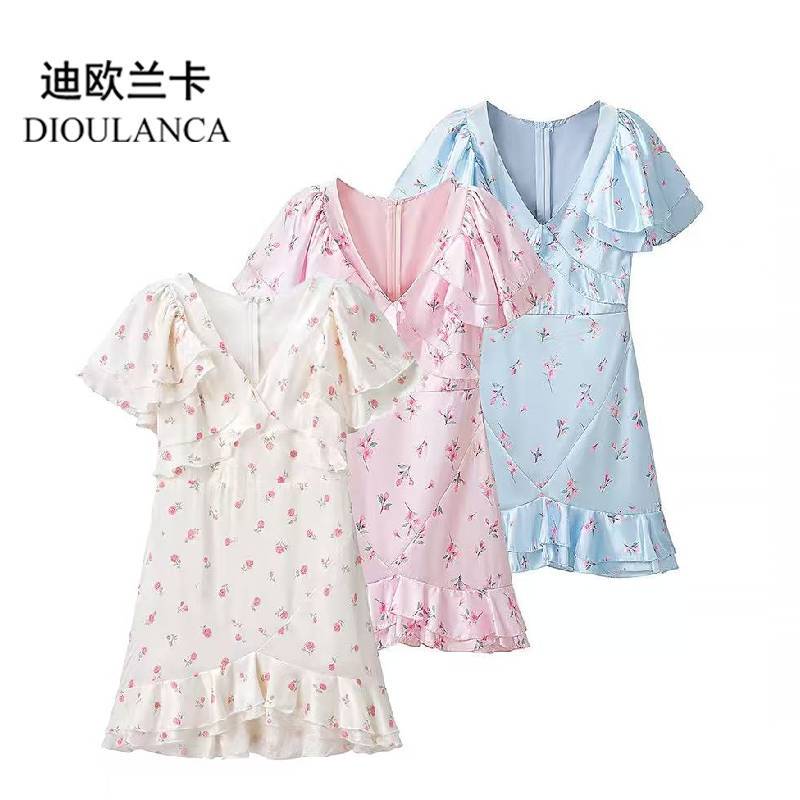 Dioulanca European and American Style Foreign Trade Women's Clothing New V-Neck Floral Ruffle Sleeve Waist-Cinching Slim-Fit Elegant Dress Dioulanca European and American Style Foreign Trade Women's Clothing New V-Neck Floral Ruffle Sleeve Waist-Cinching Slim-Fit Elegant Dress