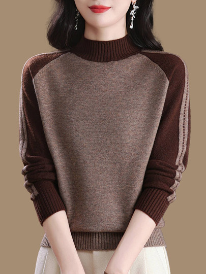 New Color-Blocked Wool Sweater for Women, Winter Thickened Half-High Collar Loose Knit Base Shirt, Stylish and Elegant Women's Sweater