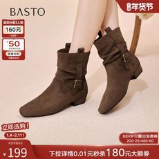 Западные Boots 百思图2025冬季新款时尚复古西部靴方头粗跟女堆堆短靴w0882dz5 BASTO