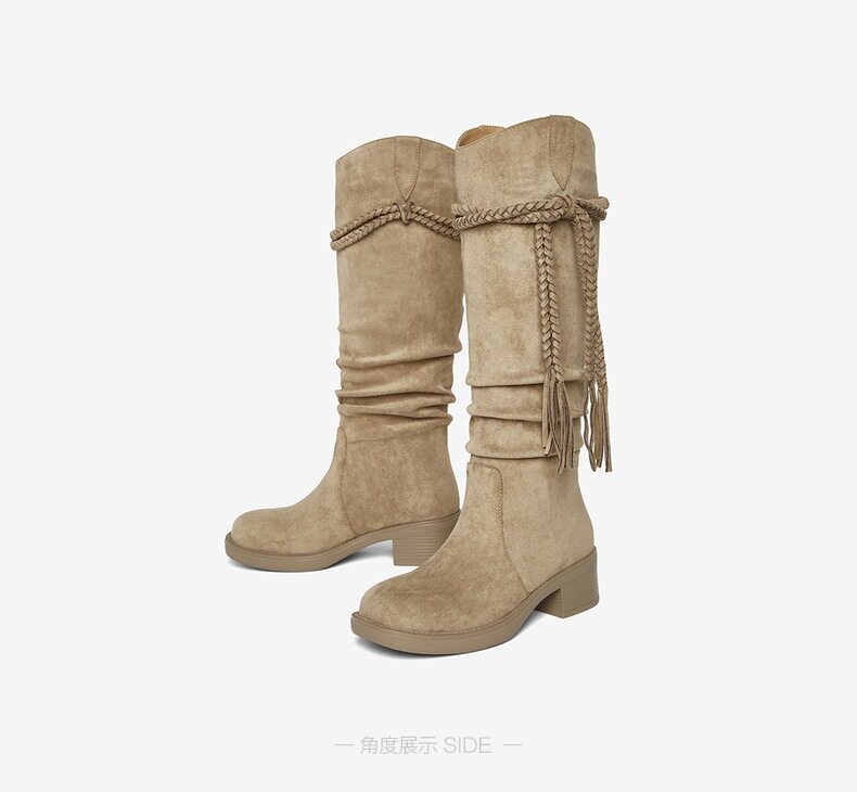 Западные Boots 百思图2025冬季新款时尚复古西部靴堆堆长靴粗跟女高筒靴b9200dg5 BASTO