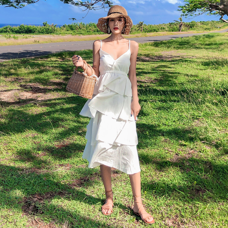 Beach Skirt Woman Seaside Holiday Dresses Summer Ocean Dress Thai White Layer Cake Skirt Pendant With Skirt Super Fairy dress