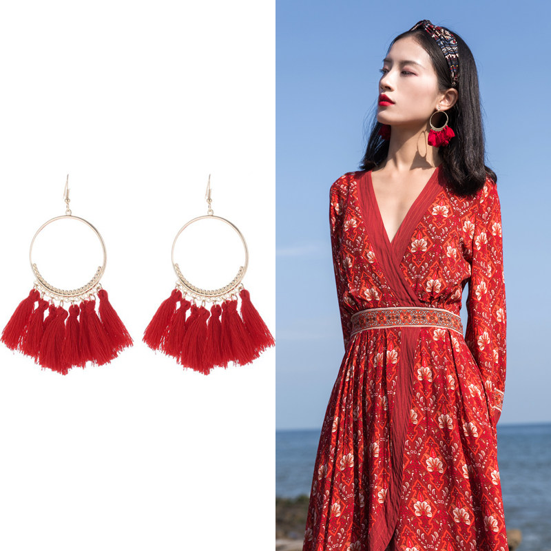Ethnic style earrings Bohemia tassels long women's retro vacation style earrings Yunnan travel accessories