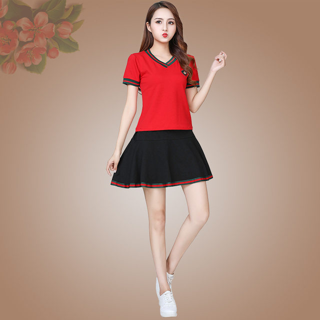 Square dance summer dance clothing middle-aged and elderly short-sleeved skirt fitness clothing V-neck solid color top slimming pure cotton casual