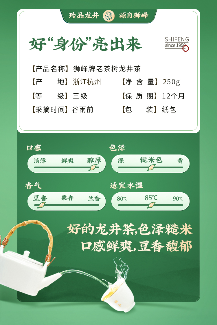 【中国直邮】 狮峰茶叶 2025新茶上市绿茶雨前龙井茶叶 杭州春茶 250g/包