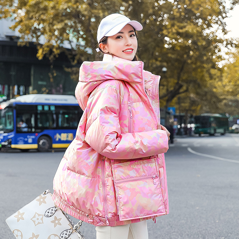 Pink Laser Iridescent Glossy down Jacket for Women, Mid-Length, 2022 Winter New Style, White Duck Down, Hooded, Thickened Coat