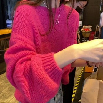 2024 new early autumn long sleeve lazy style off-shoulder knitted sweater loose and versatile thin candy color knitted
