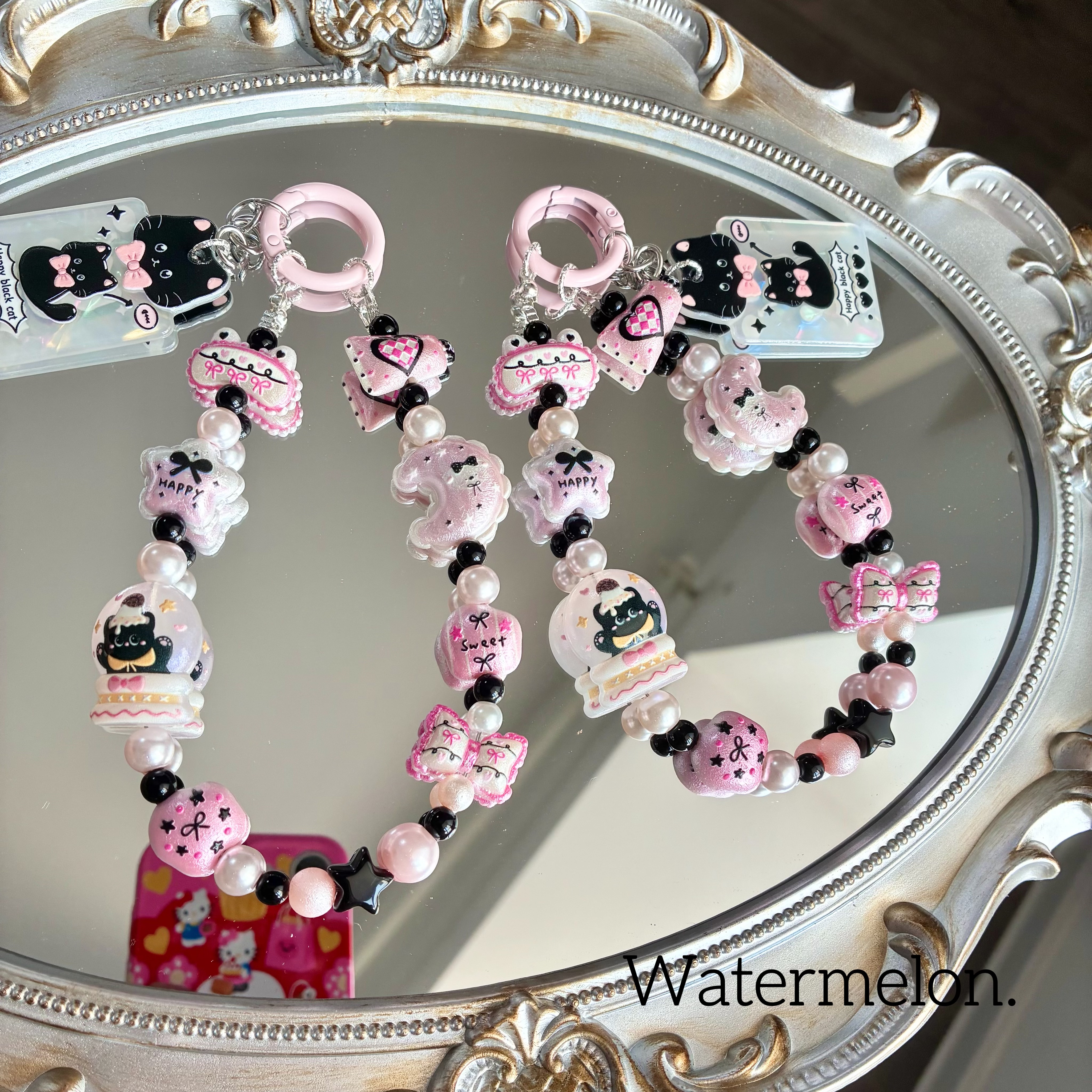 Watermelon Original Black Pink Silk Pearl Black Cat Translucent Sparkling Black Cat Phone Chain Bag Pendant Gift