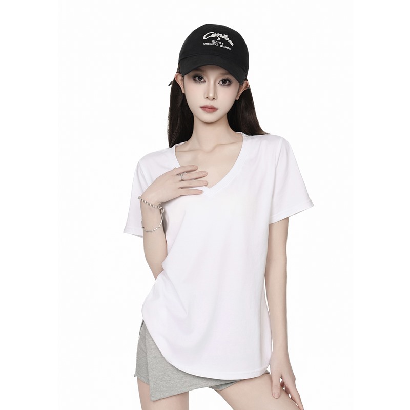 ホワイトのレイジースタイルVネックストレートショルダー半袖Tシャツ、女性用2025夏ゆったりインナーウェアスリミングホットガールトップ