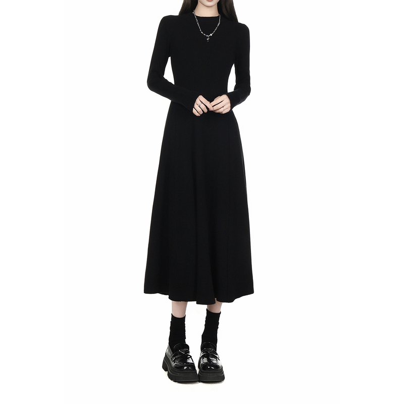 2026 Autumn New Half-Turtleneck Dress Slim Fit Versatile Base Layer Black Over-The-Knee Knitted Long Dress