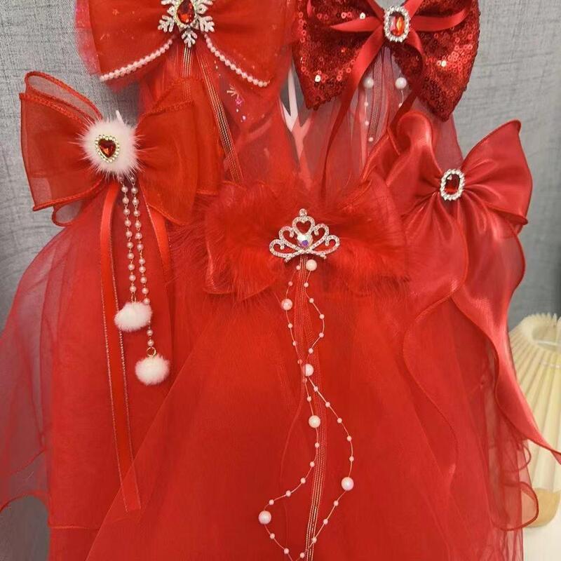2024 New Style Princess Children's Cute Fairy Red Chinese Style Little Girl Veil Bridal Hairpin Hair Accessory