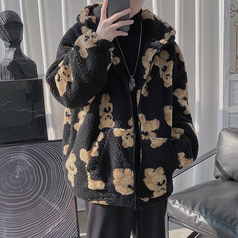 Hong Kong style thickened couple cartoon bear padded jacket loose lamb wool padded jacket ins men's all-match jacket tide winter