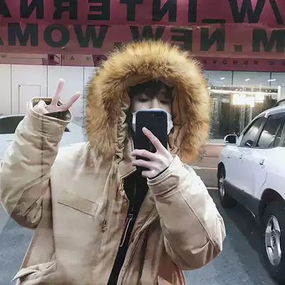 Hong Kong style winter trend mid-and long-term hooded cotton jacket tooling jacket men's wool collar down cotton clothing Khaki Parker clothing